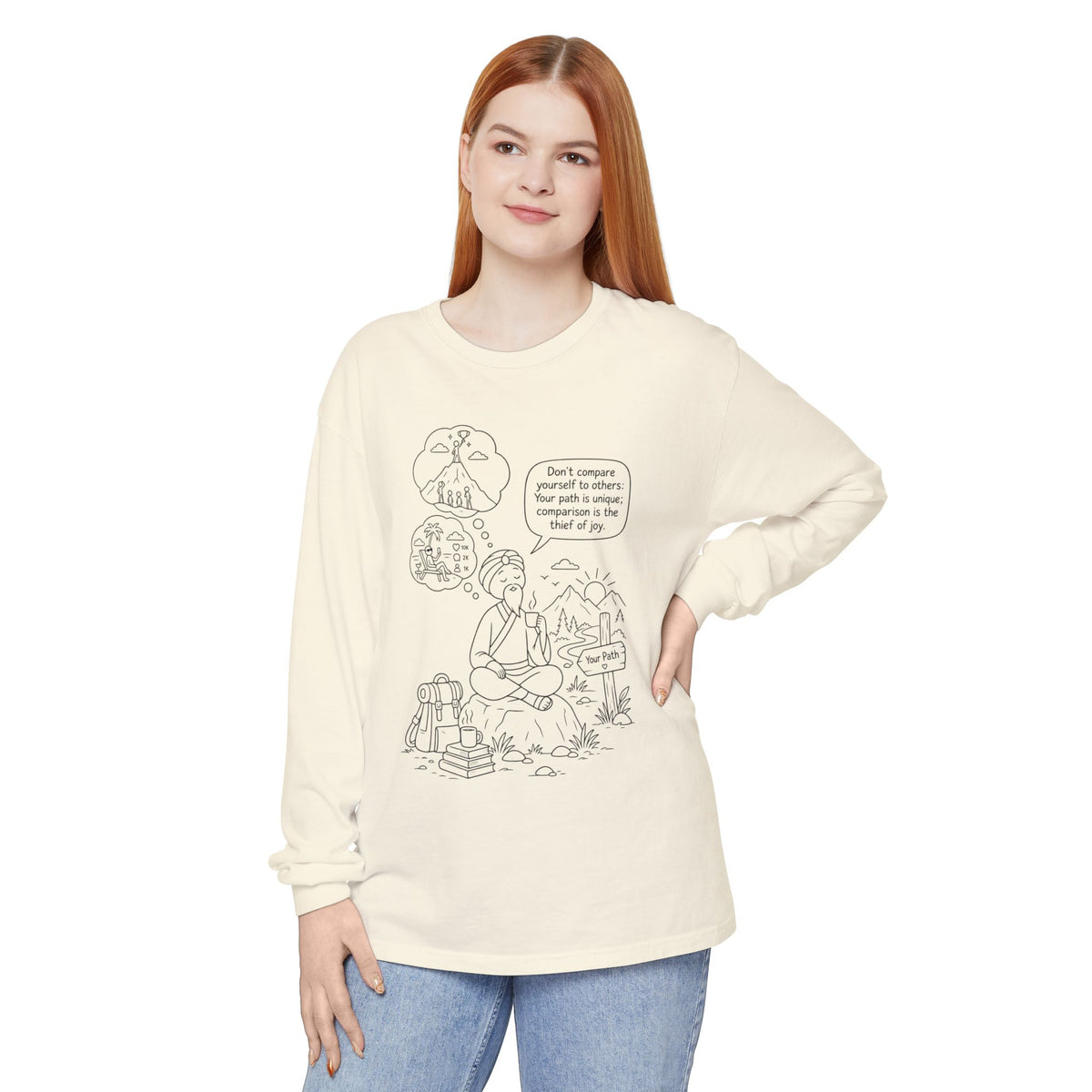 Hiker Comic Long Sleeve Tee — "Don’t Compare Yourself" Inspirational Outdoor Shirt