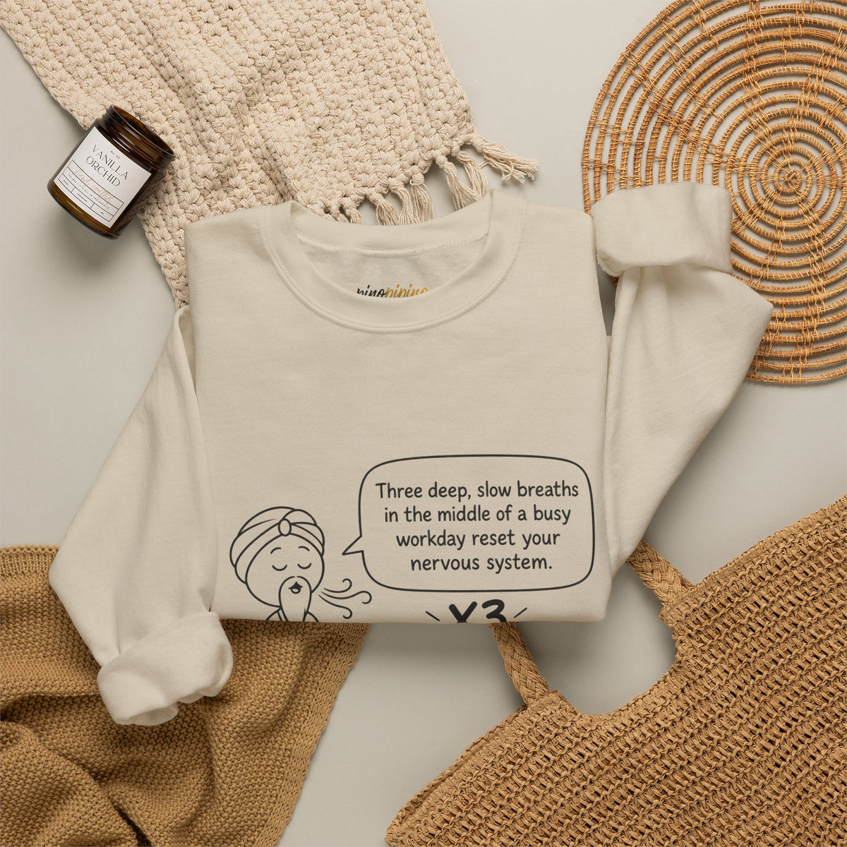 Cute Meditation Cartoon with Breathing Reminder "Three deep, slow breaths...) -Crewneck Sweatshirt