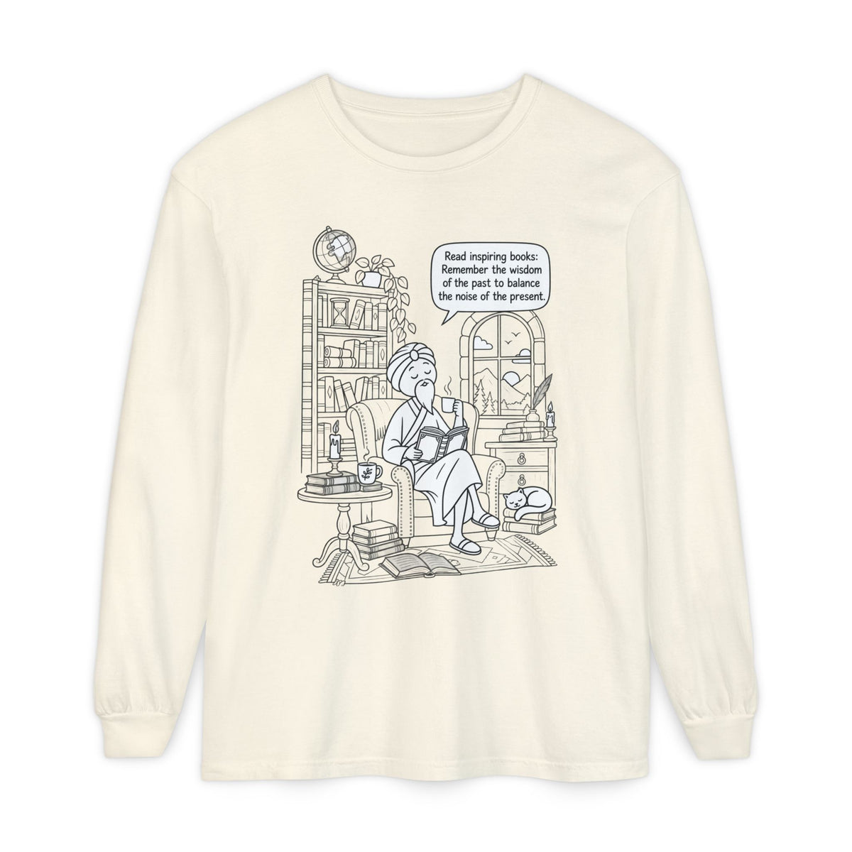 “Read inspiring books…” - Long Sleeve T‑Shirt — Cozy Reading Nook Design