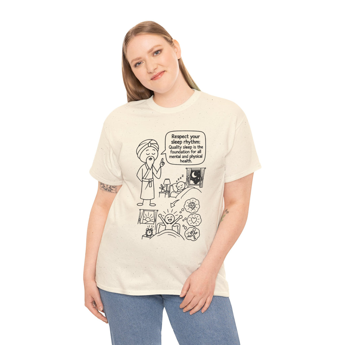 Yoga Philosophy Graphic Tee — "Respect Your Sleep Rhythm" Mindful Illustration T-Shirt
