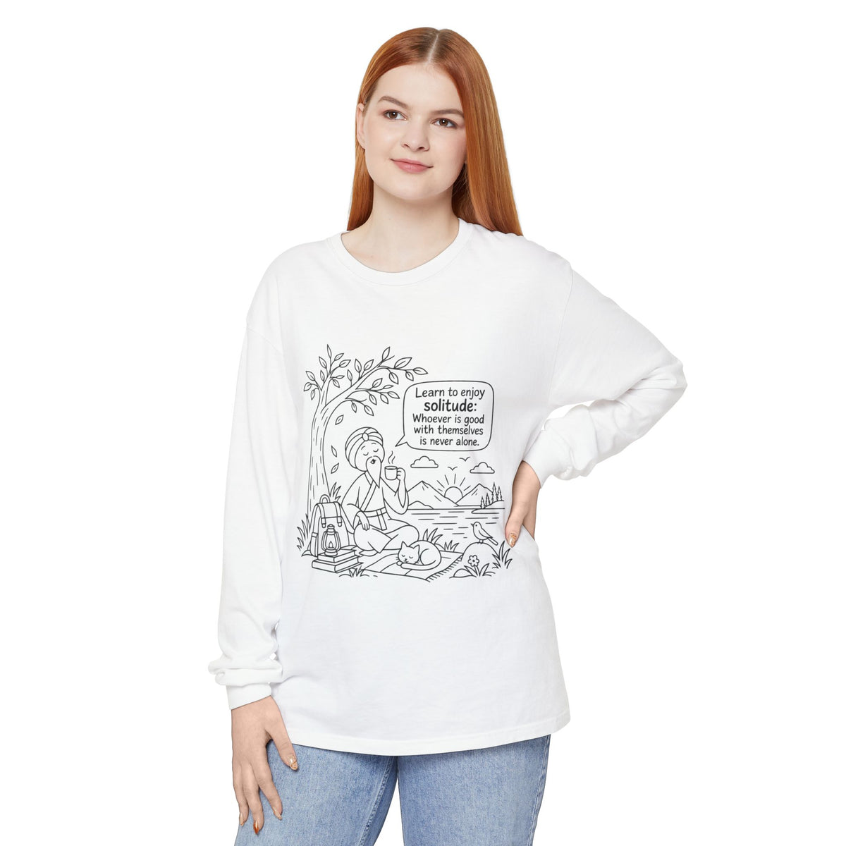 Long Sleeve T-Shirt — "Learn to Enjoy Solitude" Outdoor Meditation Graphic