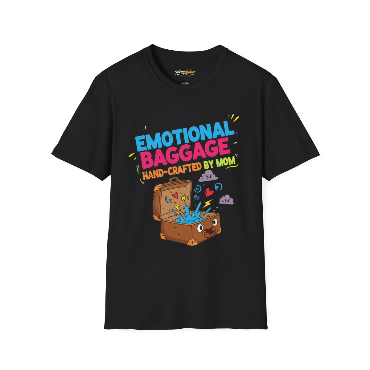 "Emotional Baggage T-Shirt — Hand-Crafted by Mom" Cute Cartoon Luggage Tee