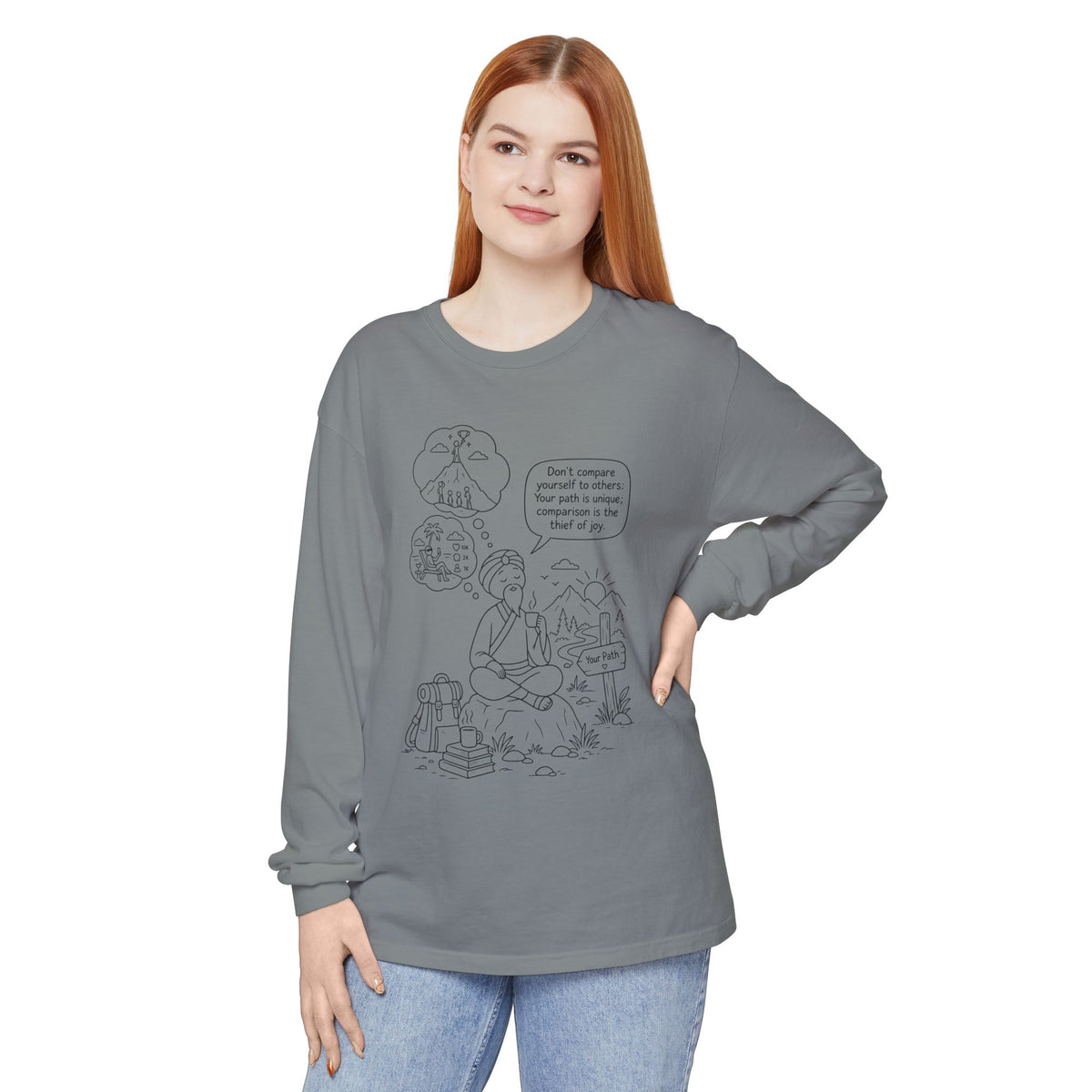Hiker Comic Long Sleeve Tee — "Don’t Compare Yourself" Inspirational Outdoor Shirt