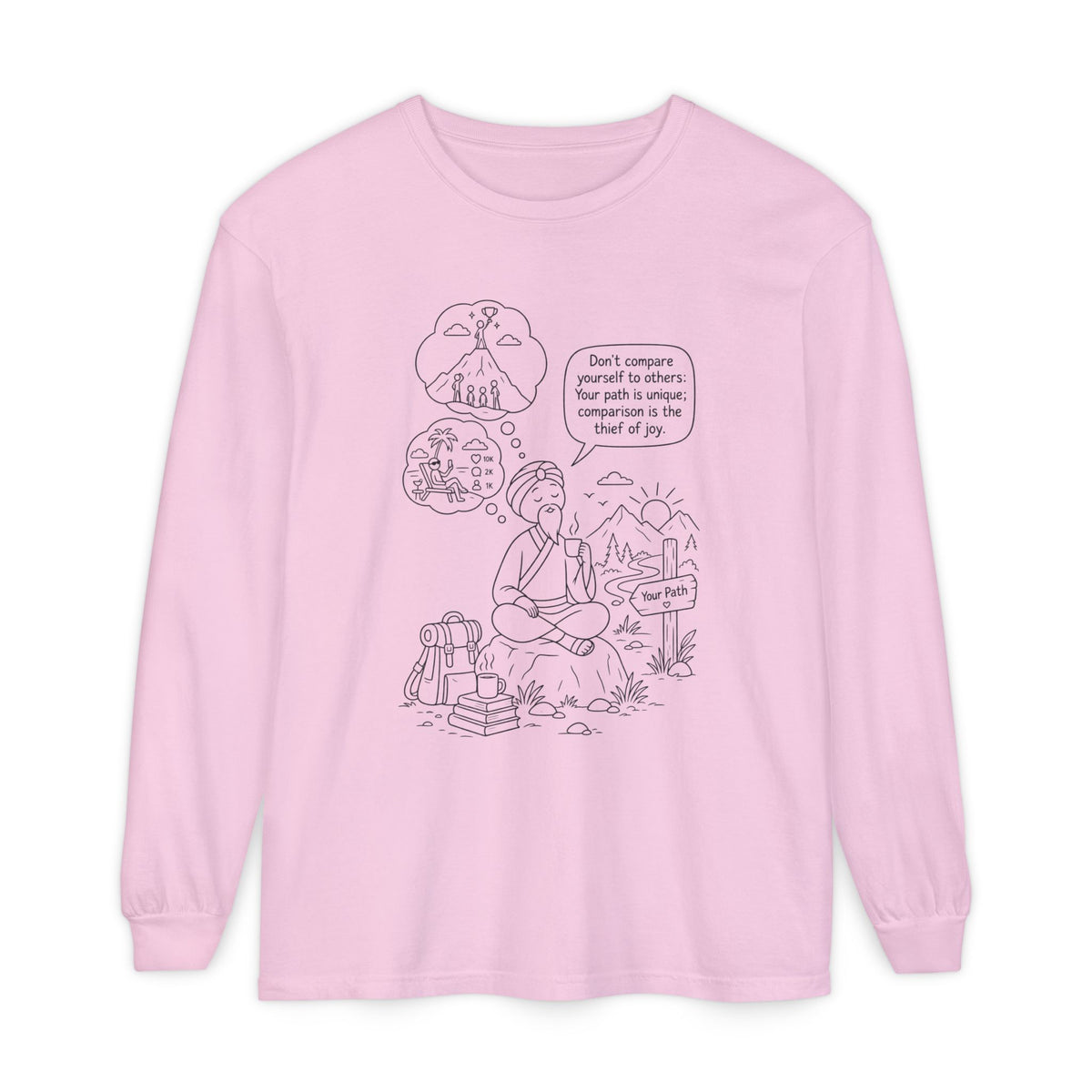 Hiker Comic Long Sleeve Tee — "Don’t Compare Yourself" Inspirational Outdoor Shirt