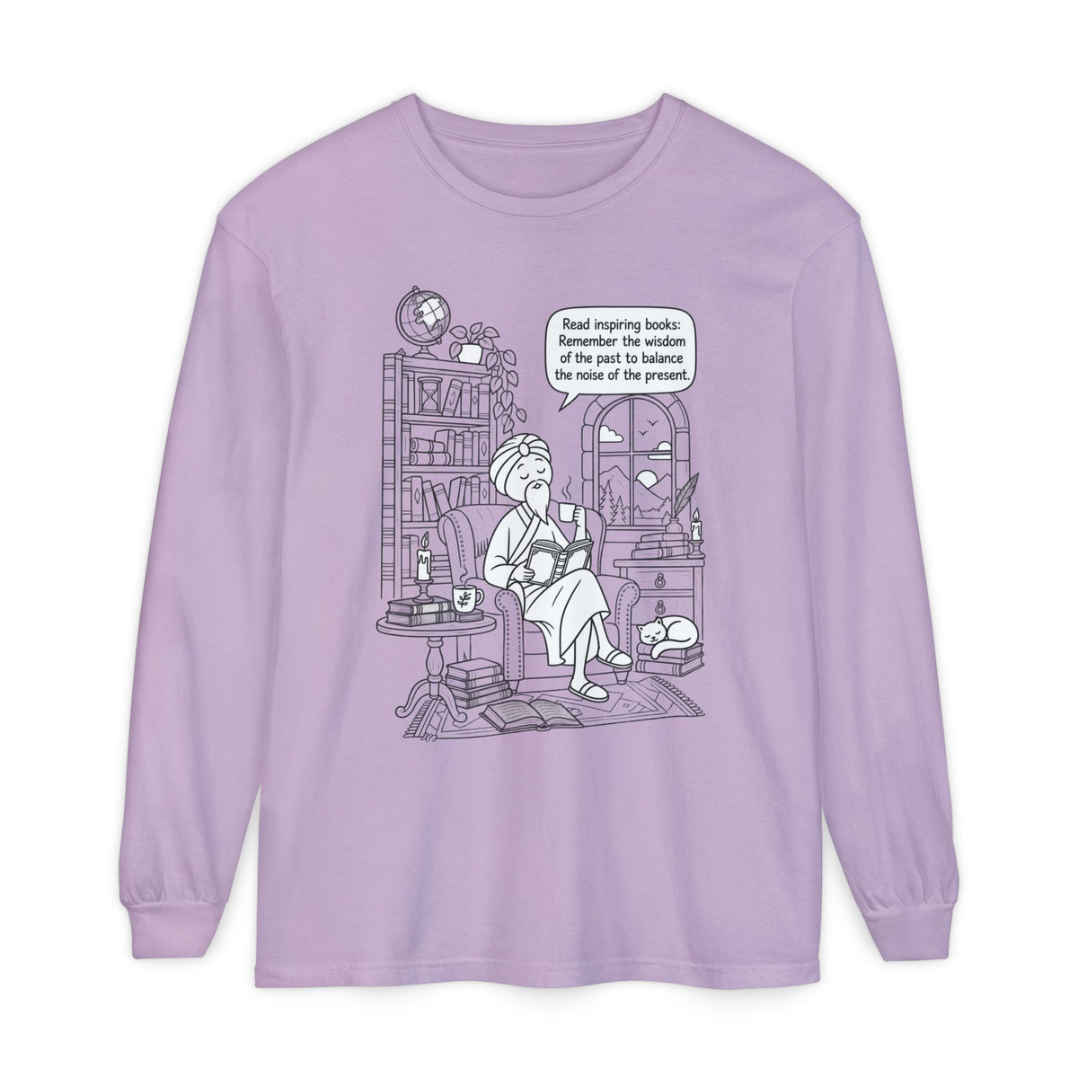“Read inspiring books…” - Long Sleeve T‑Shirt — Cozy Reading Nook Design