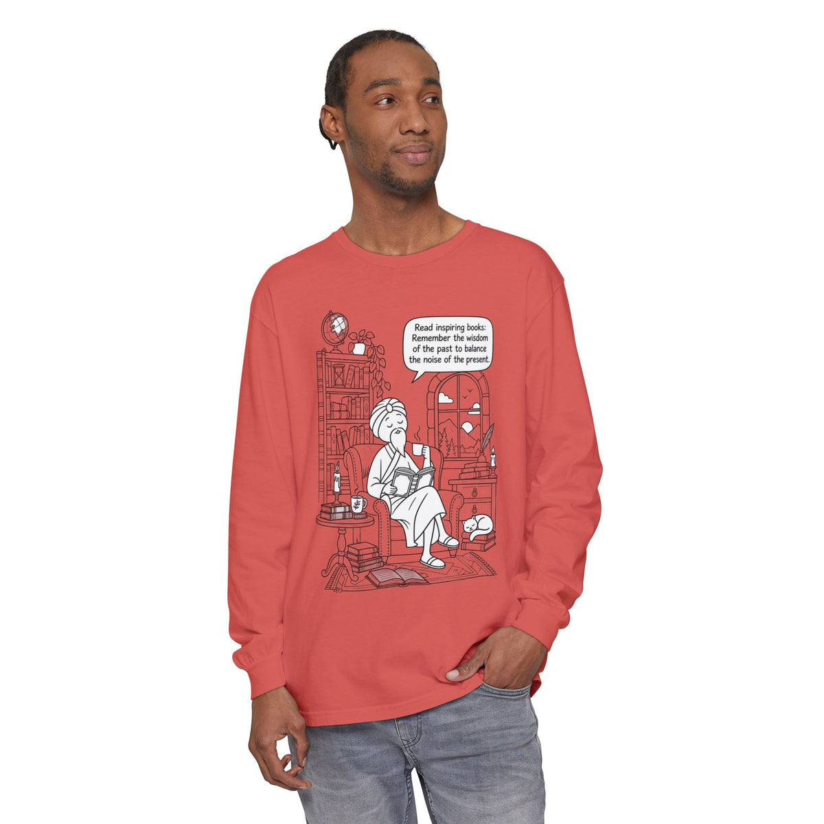 “Read inspiring books…” - Long Sleeve T‑Shirt — Cozy Reading Nook Design