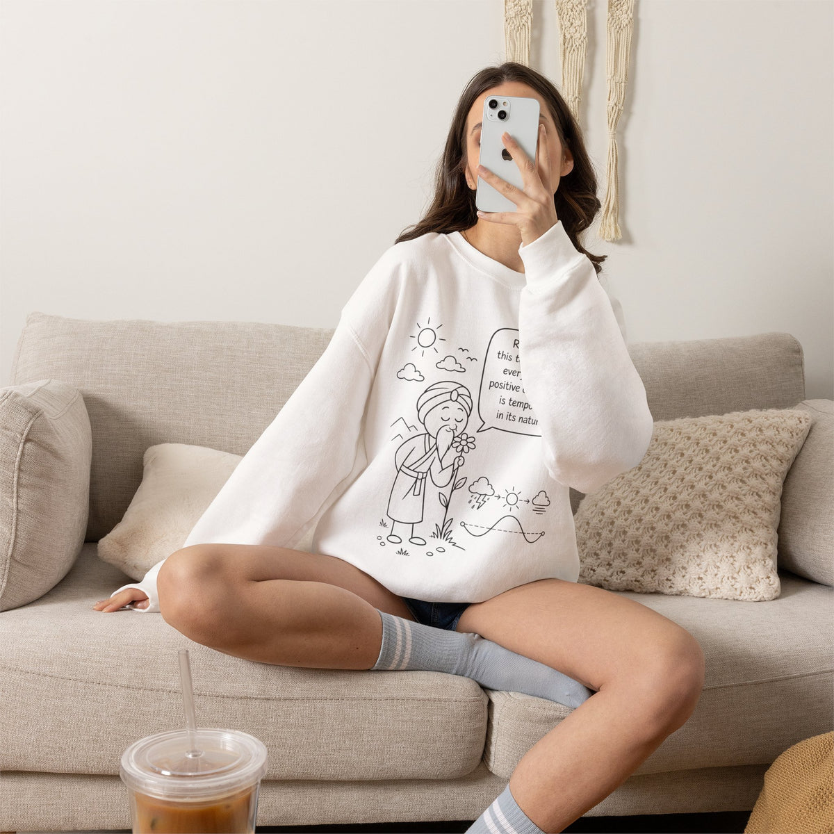 Inspirational Quote Crewneck Sweatshirt — "Remember this too shall pass" Minimal Line Art