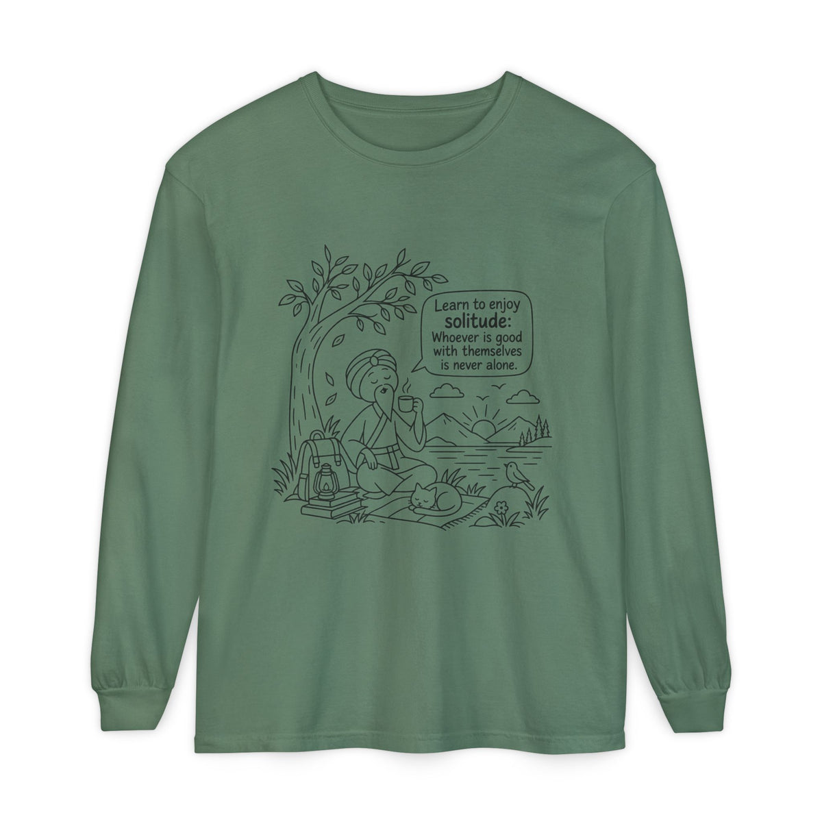 Long Sleeve T-Shirt — "Learn to Enjoy Solitude" Outdoor Meditation Graphic