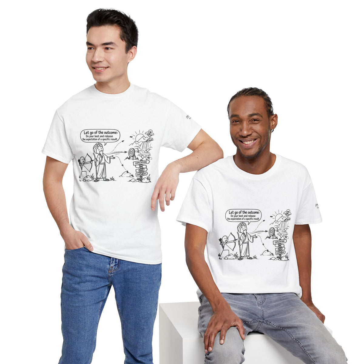 T-Shirt — Cartoon Zen Comic: "Let go of the outcome" Mindfulness Tee