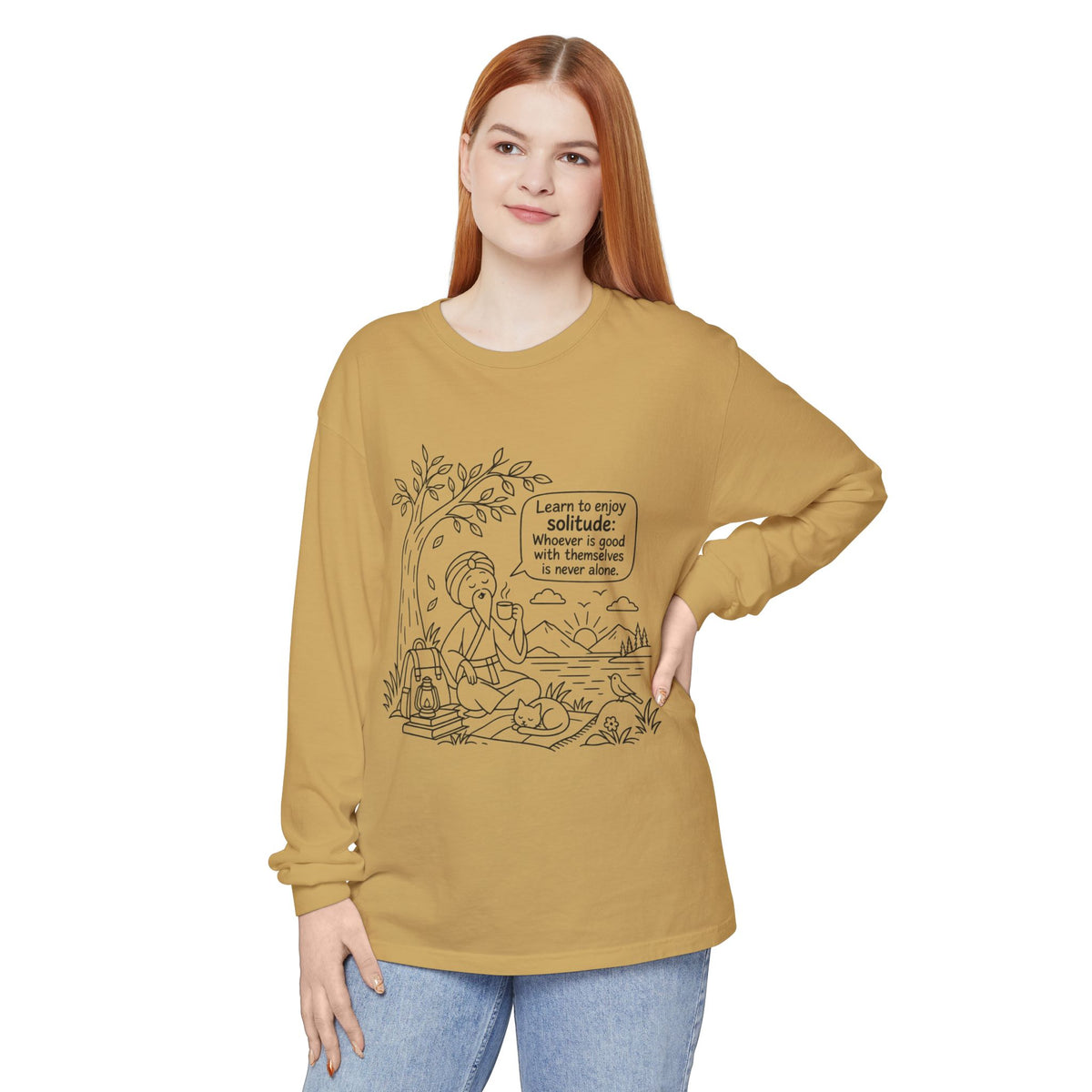 Long Sleeve T-Shirt — "Learn to Enjoy Solitude" Outdoor Meditation Graphic