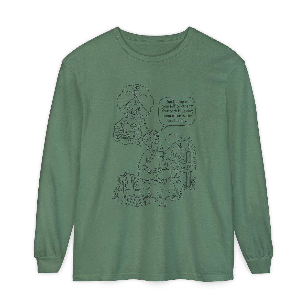 Hiker Comic Long Sleeve Tee — "Don’t Compare Yourself" Inspirational Outdoor Shirt