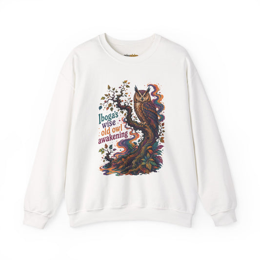 "Ibogas wise old owl awakening" Psychedelic Retro Boho GraphicCrewneck Sweatshirt