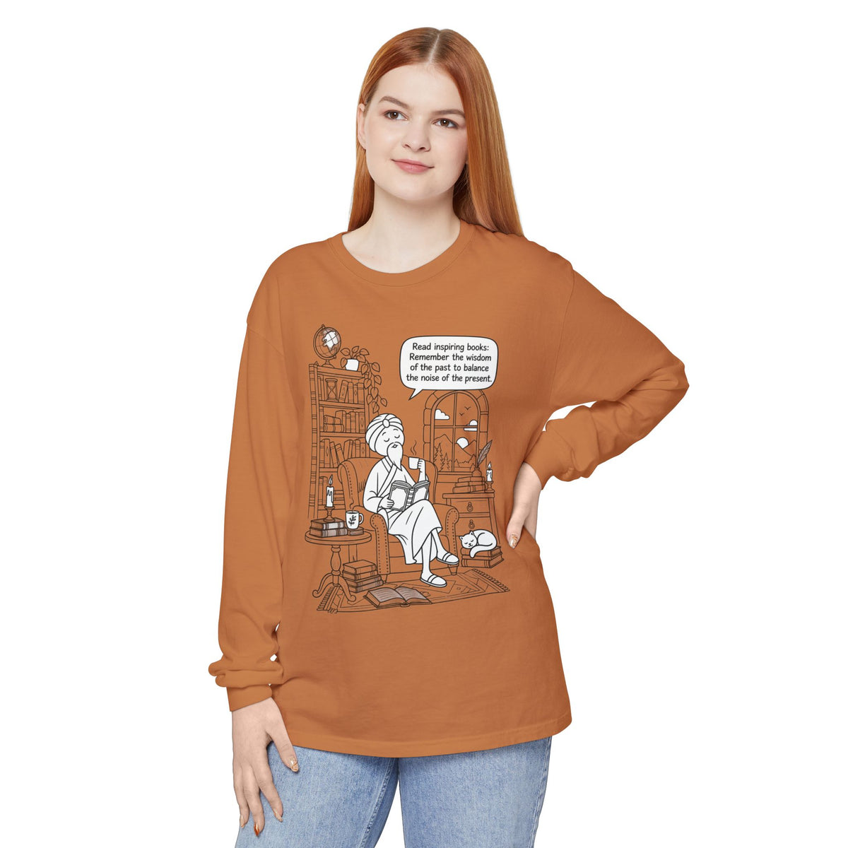 “Read inspiring books…” - Long Sleeve T‑Shirt — Cozy Reading Nook Design