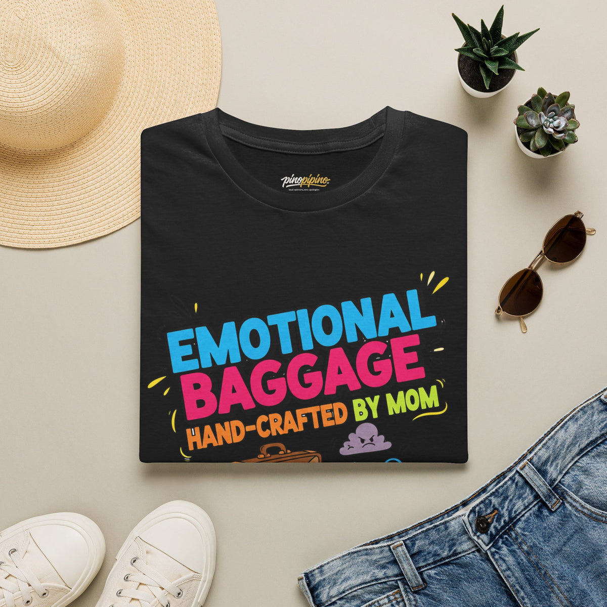 "Emotional Baggage T-Shirt — Hand-Crafted by Mom" Cute Cartoon Luggage Tee