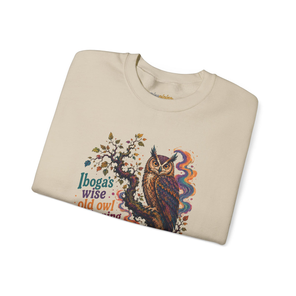 "Ibogas wise old owl awakening" Psychedelic Retro Boho GraphicCrewneck Sweatshirt