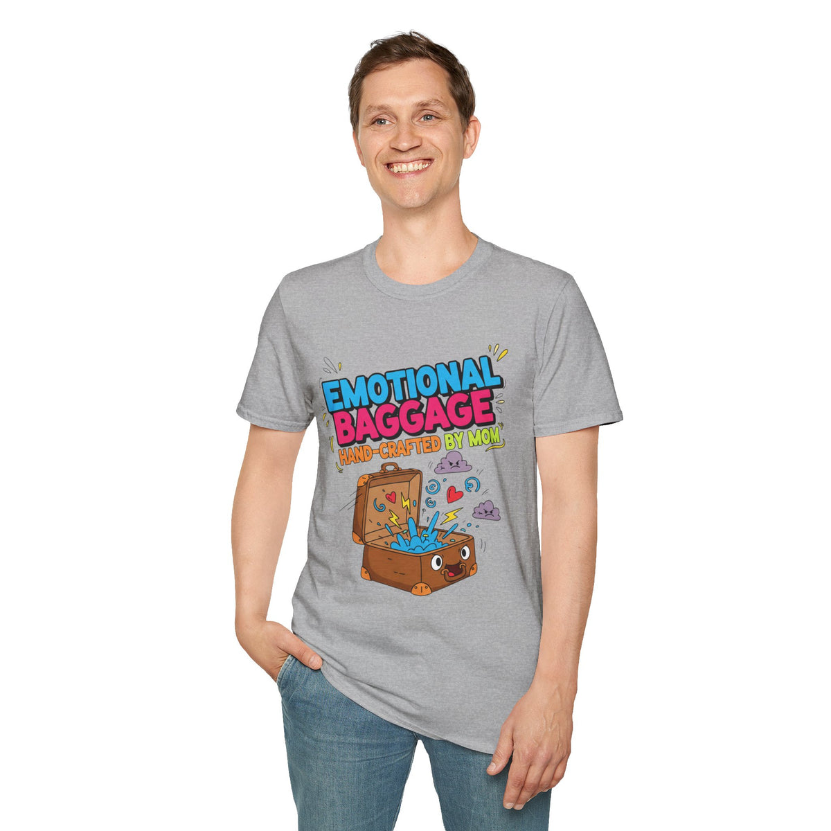 "Emotional Baggage T-Shirt — Hand-Crafted by Mom" Cute Cartoon Luggage Tee