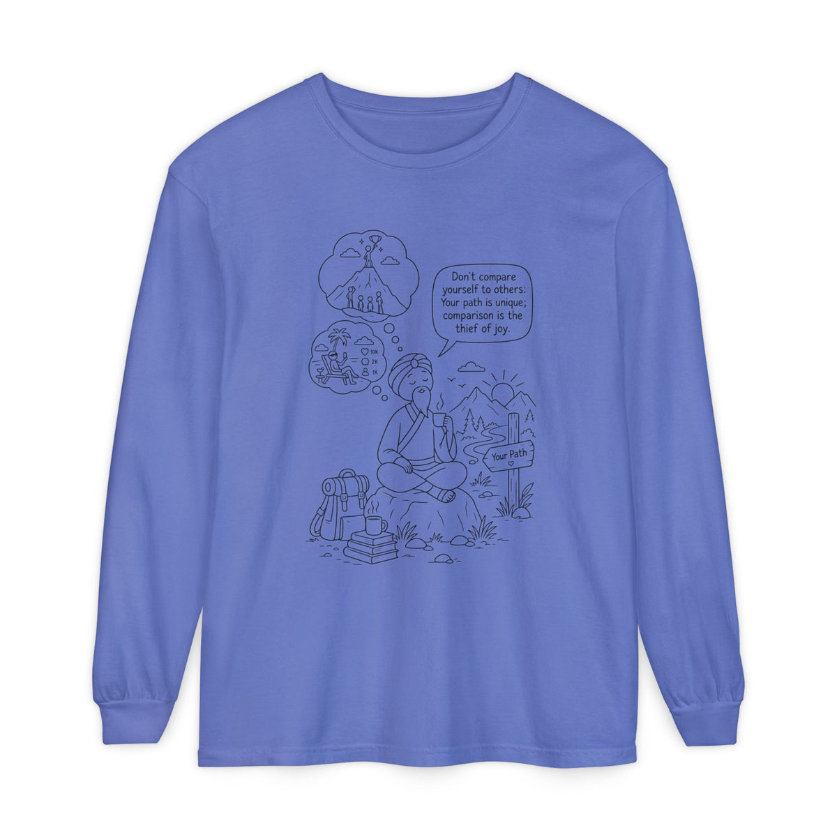 Hiker Comic Long Sleeve Tee — "Don’t Compare Yourself" Inspirational Outdoor Shirt