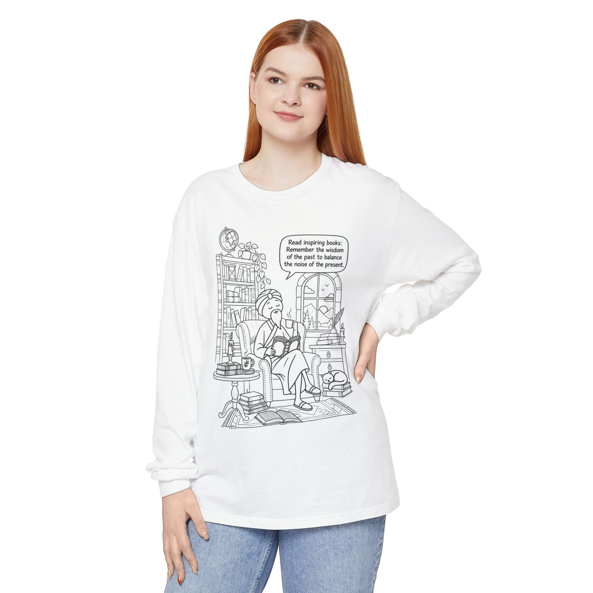 “Read inspiring books…” - Long Sleeve T‑Shirt — Cozy Reading Nook Design