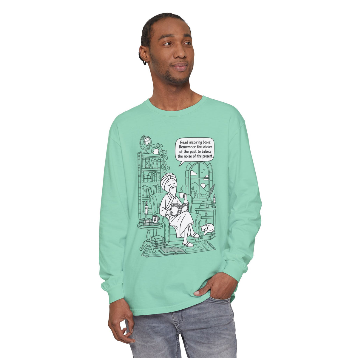 “Read inspiring books…” - Long Sleeve T‑Shirt — Cozy Reading Nook Design