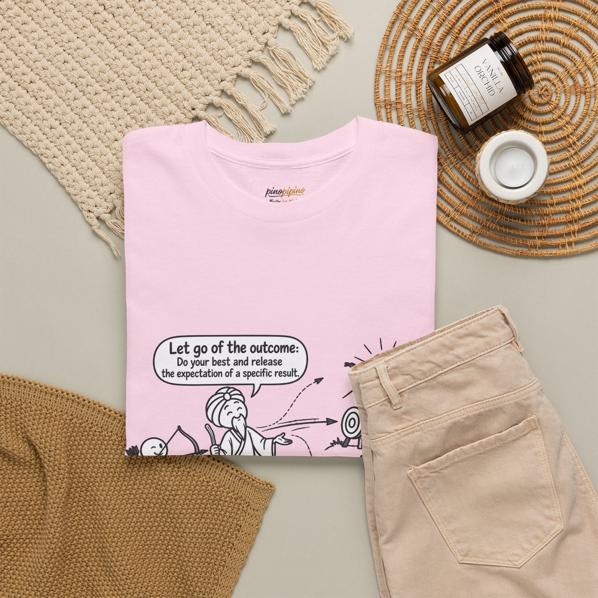 T-Shirt — Cartoon Zen Comic: "Let go of the outcome" Mindfulness Tee