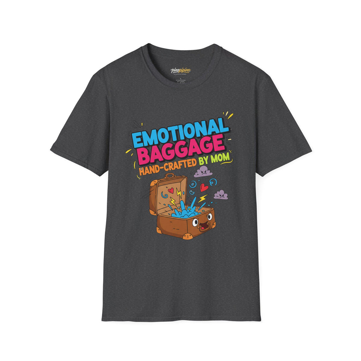 "Emotional Baggage T-Shirt — Hand-Crafted by Mom" Cute Cartoon Luggage Tee