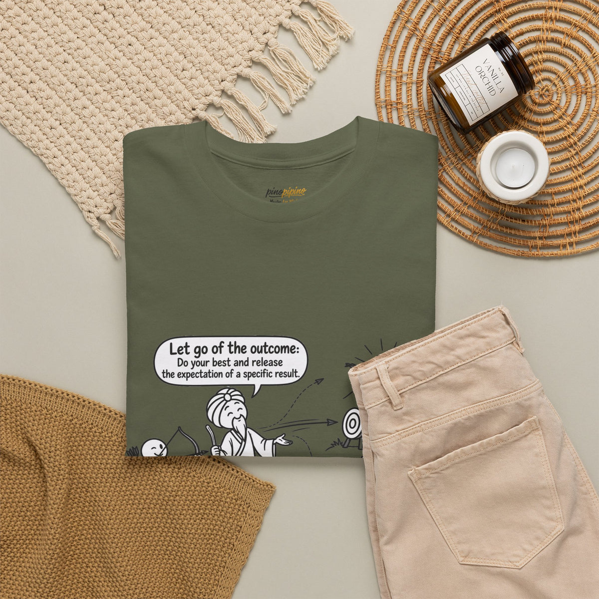 T-Shirt — Cartoon Zen Comic: "Let go of the outcome" Mindfulness Tee
