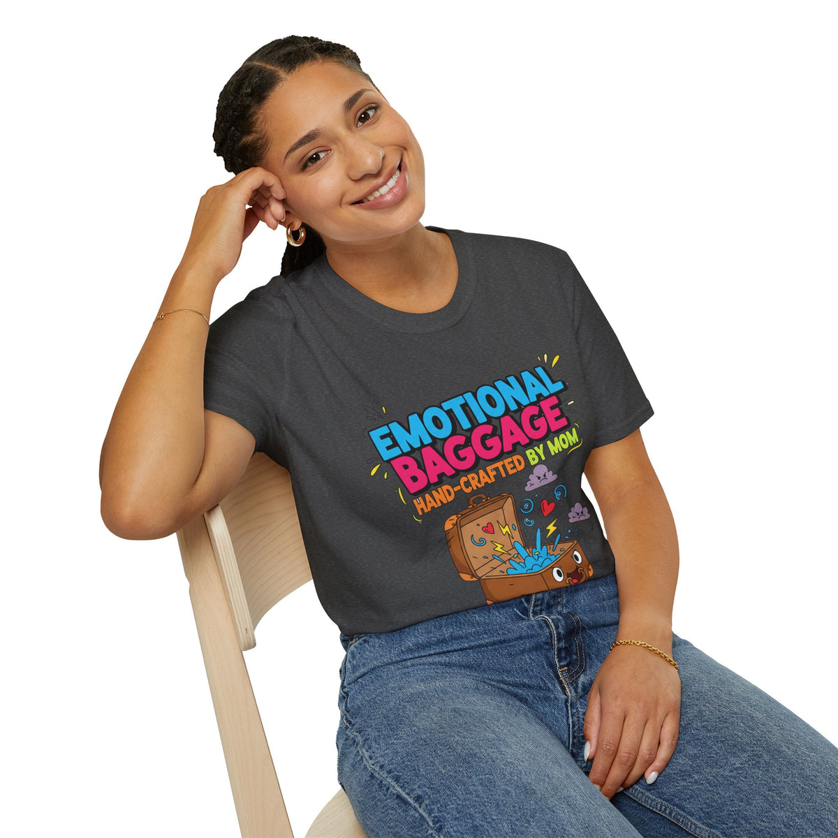 "Emotional Baggage T-Shirt — Hand-Crafted by Mom" Cute Cartoon Luggage Tee