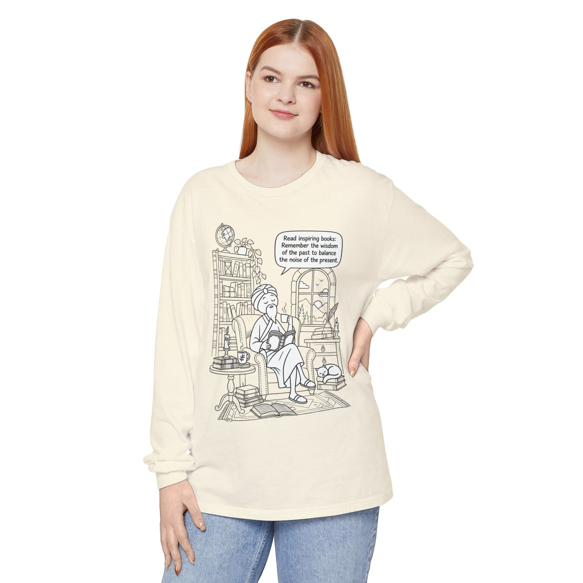 “Read inspiring books…” - Long Sleeve T‑Shirt — Cozy Reading Nook Design