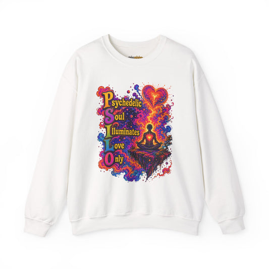 "PSILO - Psychedelic Soul Illuminates Love Only Crewneck Sweatshirt" — Retro Psychedelic Meditation Love Graphic