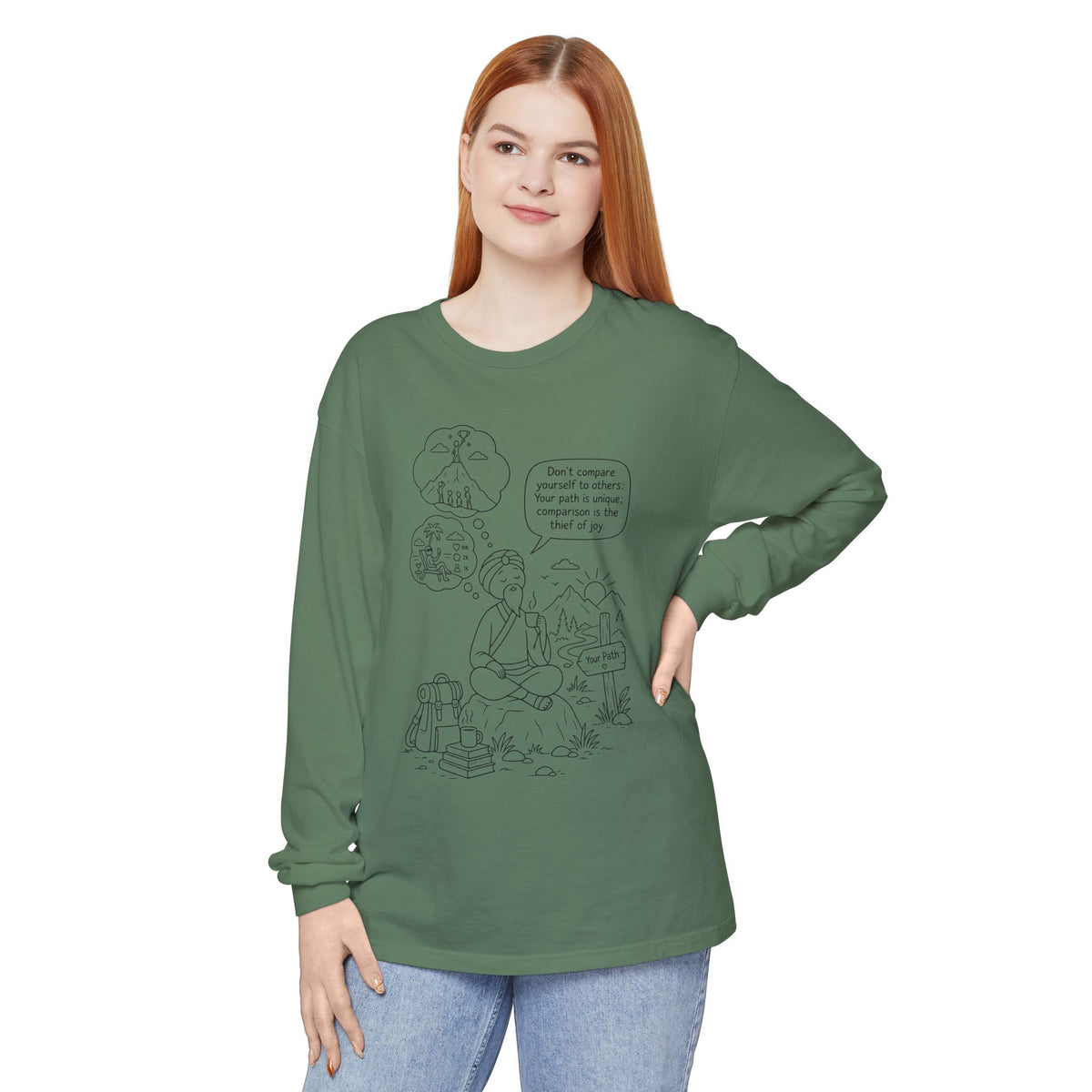 Hiker Comic Long Sleeve Tee — "Don’t Compare Yourself" Inspirational Outdoor Shirt