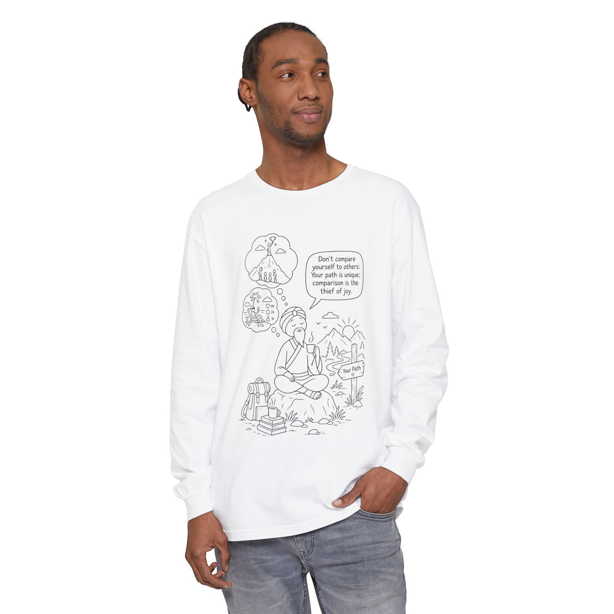Hiker Comic Long Sleeve Tee — "Don’t Compare Yourself" Inspirational Outdoor Shirt
