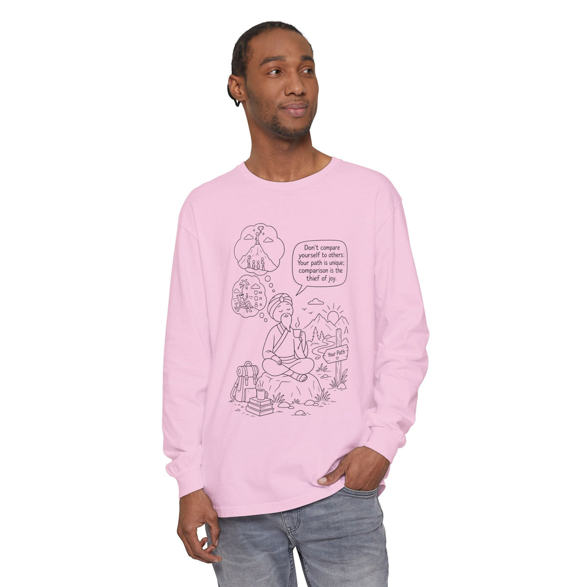 Hiker Comic Long Sleeve Tee — "Don’t Compare Yourself" Inspirational Outdoor Shirt
