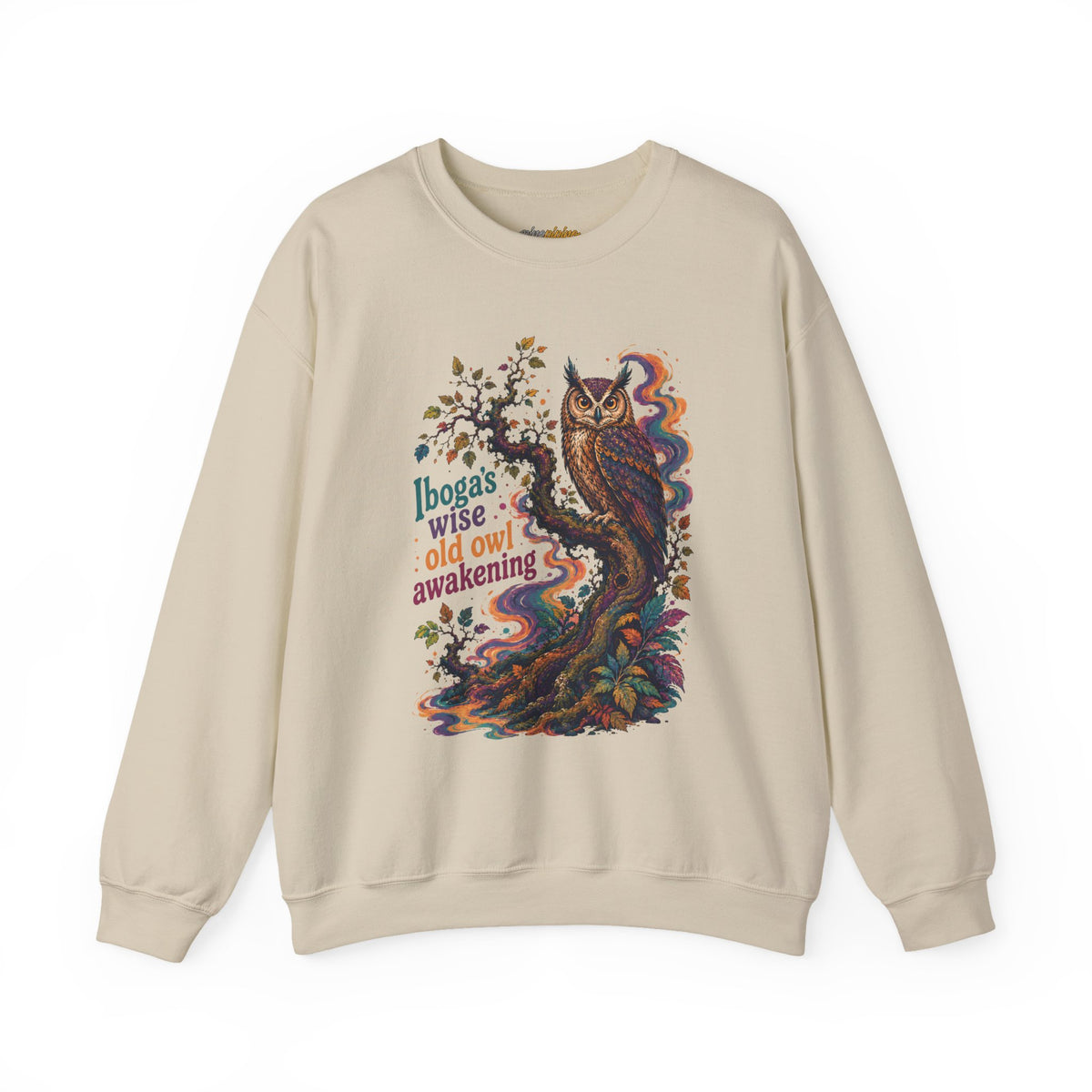 "Ibogas wise old owl awakening" Psychedelic Retro Boho GraphicCrewneck Sweatshirt