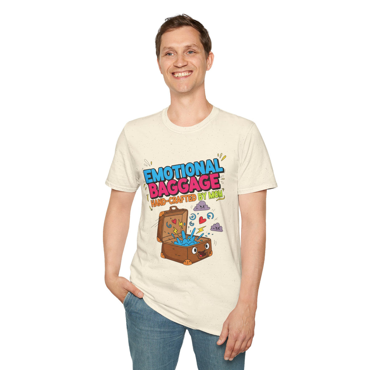 "Emotional Baggage T-Shirt — Hand-Crafted by Mom" Cute Cartoon Luggage Tee