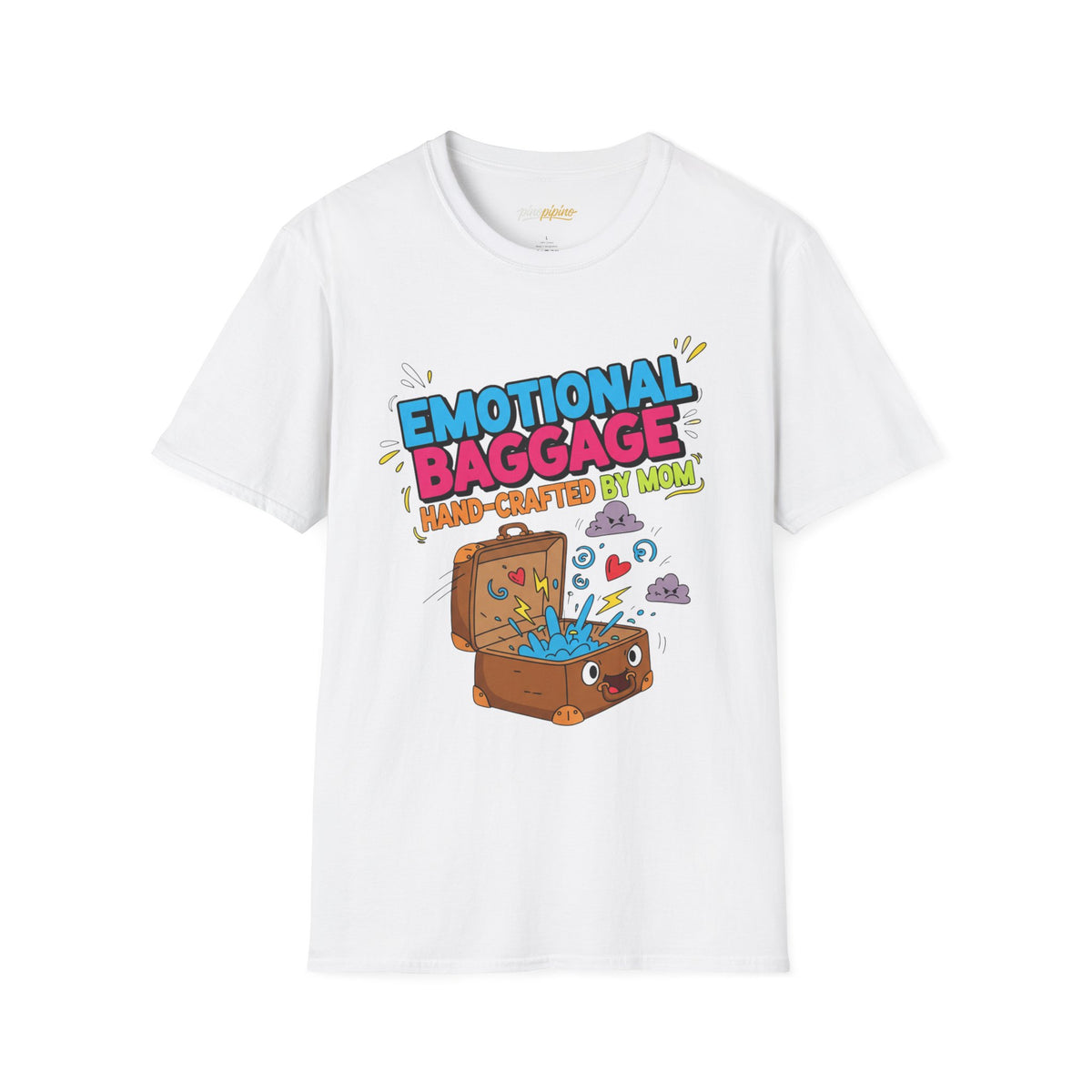 "Emotional Baggage T-Shirt — Hand-Crafted by Mom" Cute Cartoon Luggage Tee