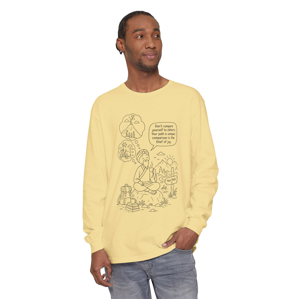 Hiker Comic Long Sleeve Tee — "Don’t Compare Yourself" Inspirational Outdoor Shirt