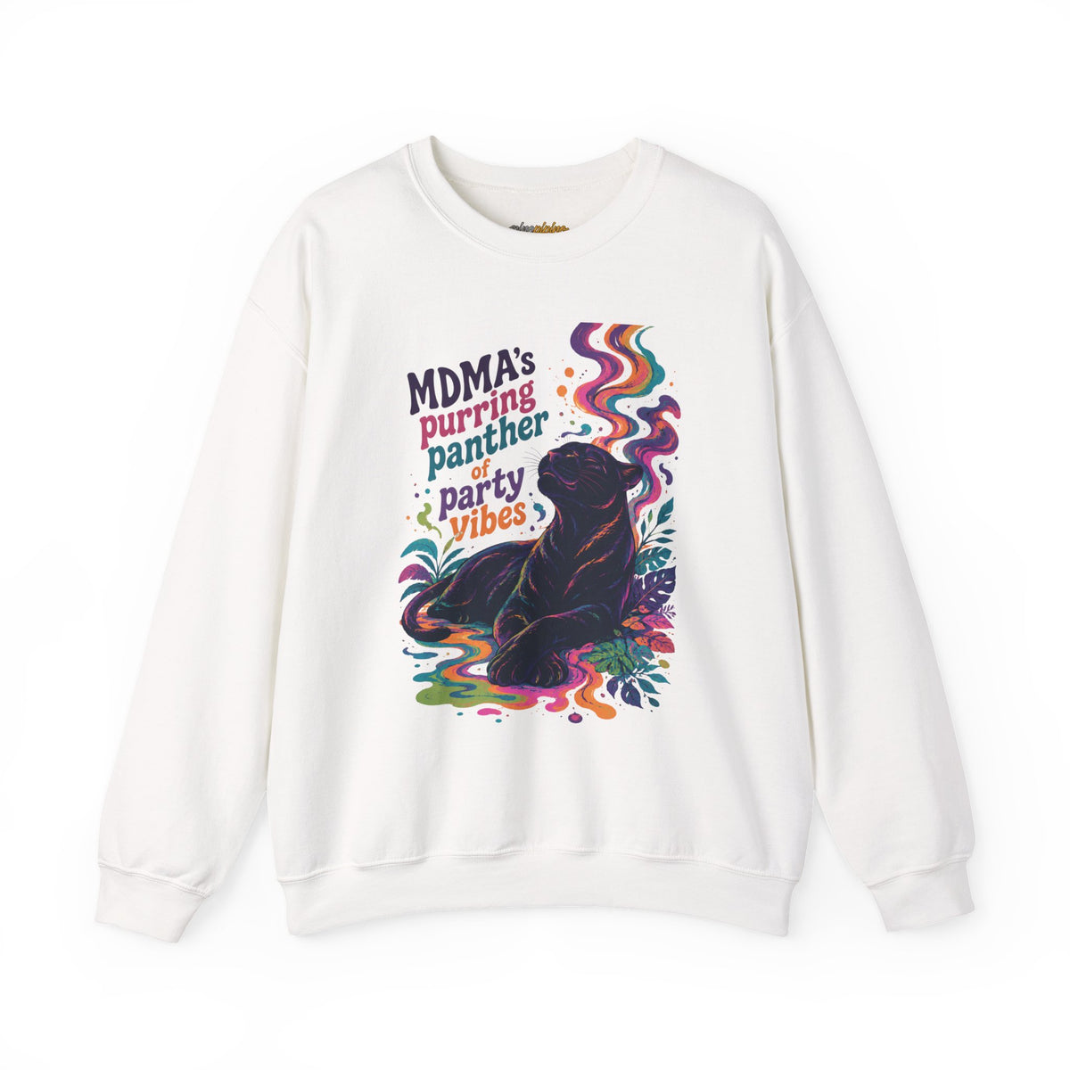 "MDMA's Purring Panther Party Vibes" - Psychedelic Black Panther Crewneck Sweatshirt