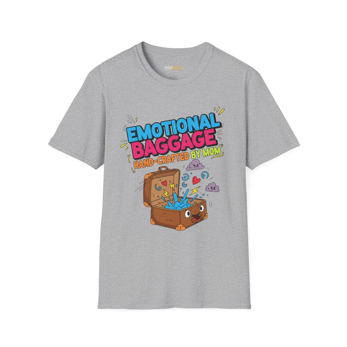 "Emotional Baggage T-Shirt — Hand-Crafted by Mom" Cute Cartoon Luggage Tee