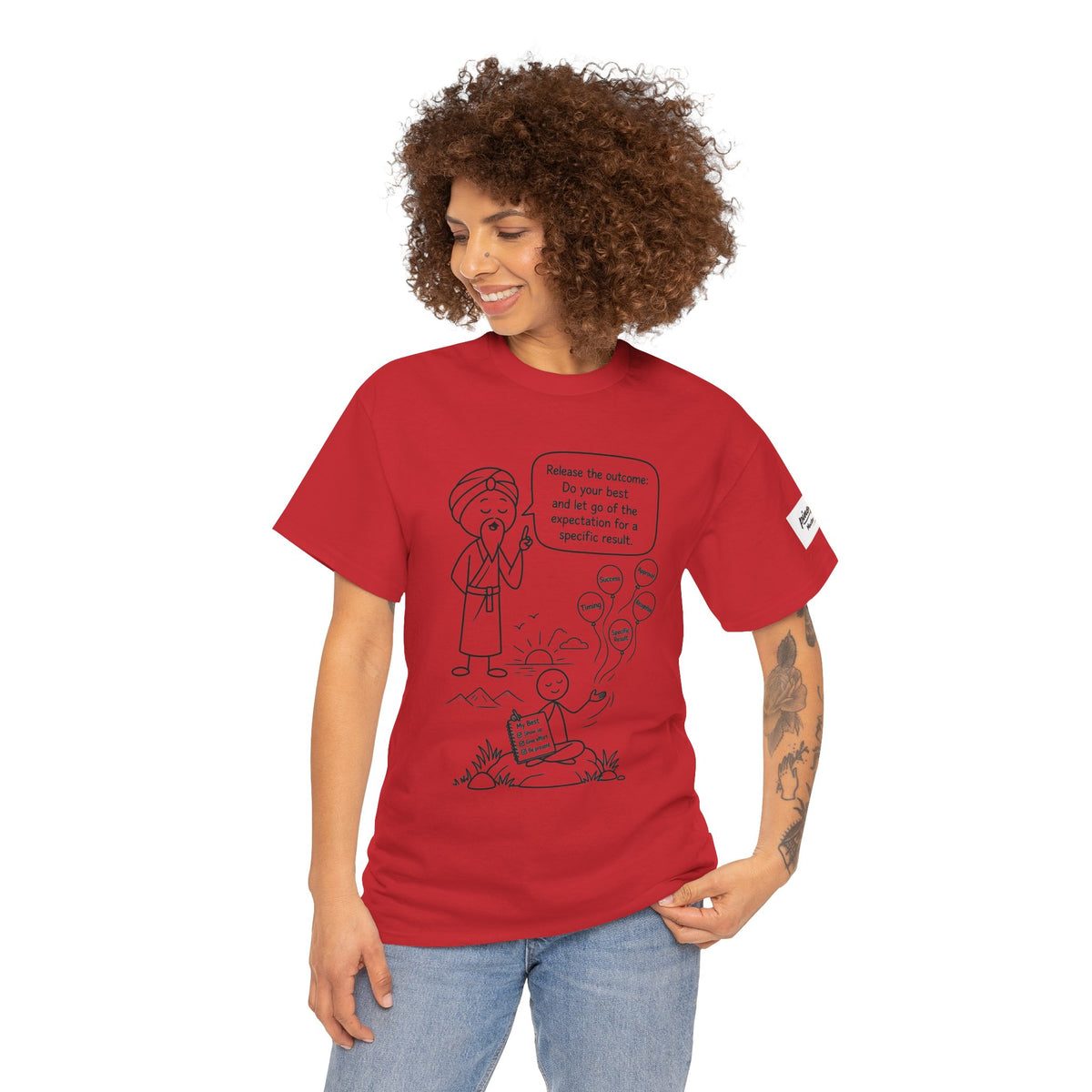Spiritual Tee — “Release the Outcome” Cartoon Graphic T-Shirt