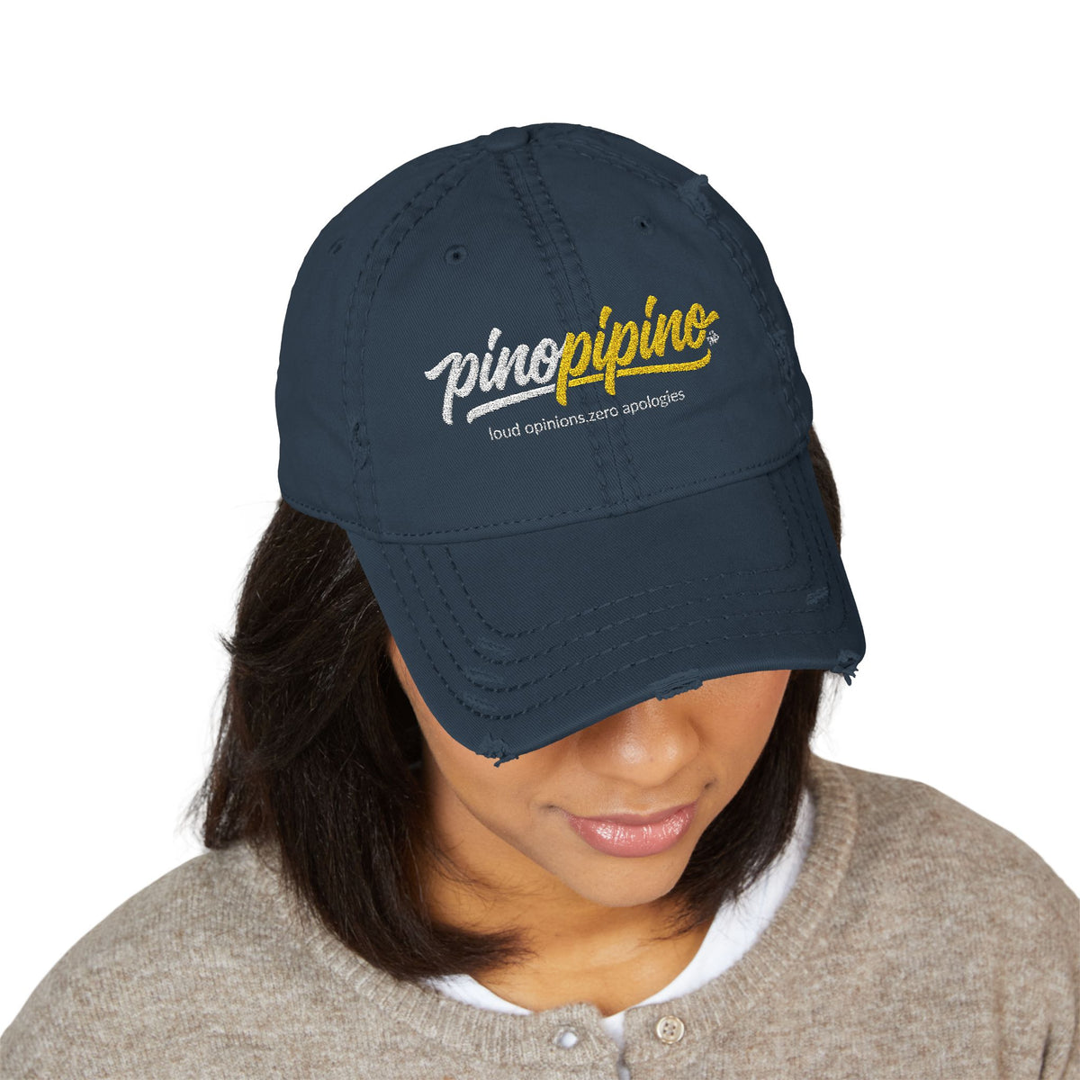 Distressed Embroidered Hat - Pinopipino Script Logo Cap