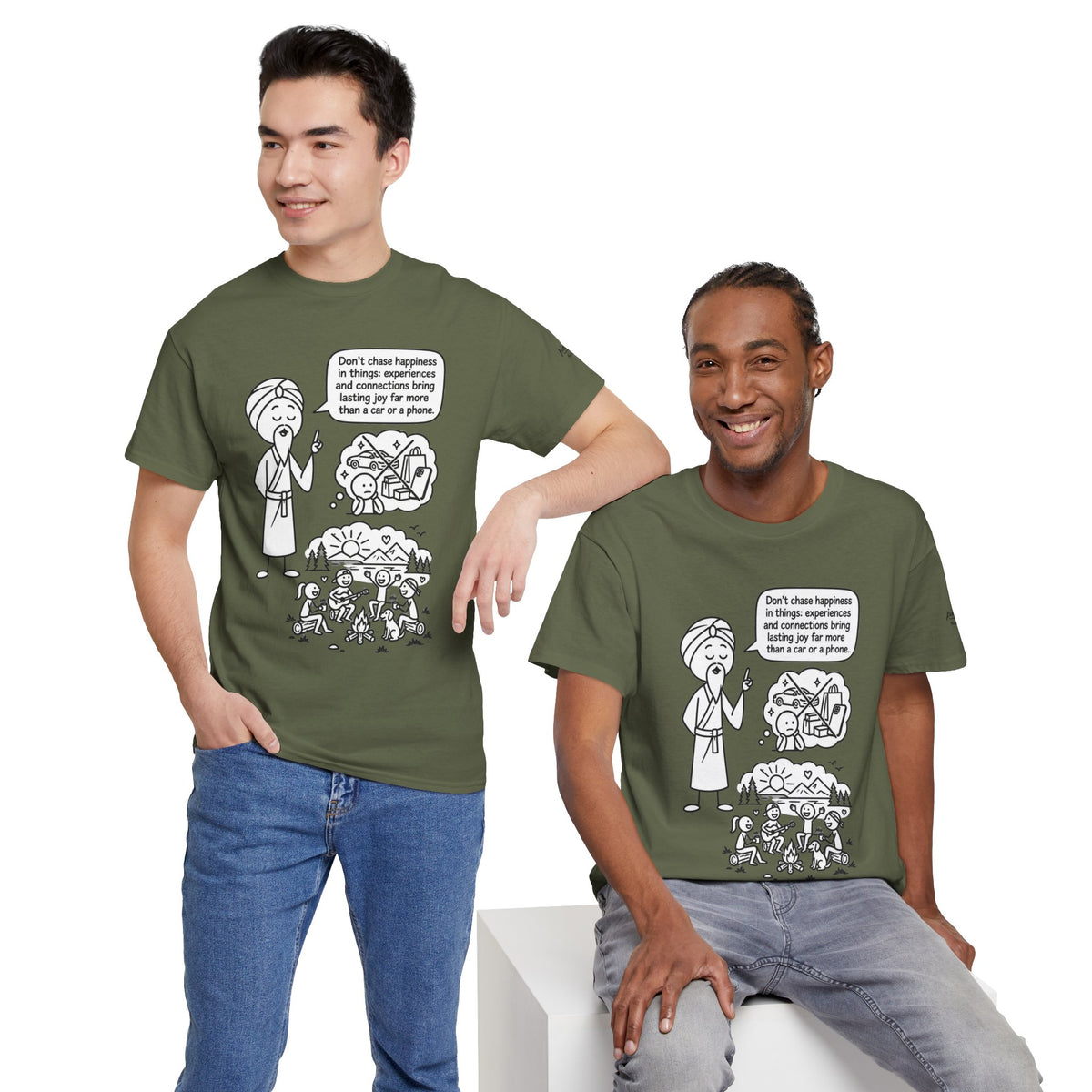 Mindful Graphic Tee – "Don't Chase Happiness in things" Illustration Shirt