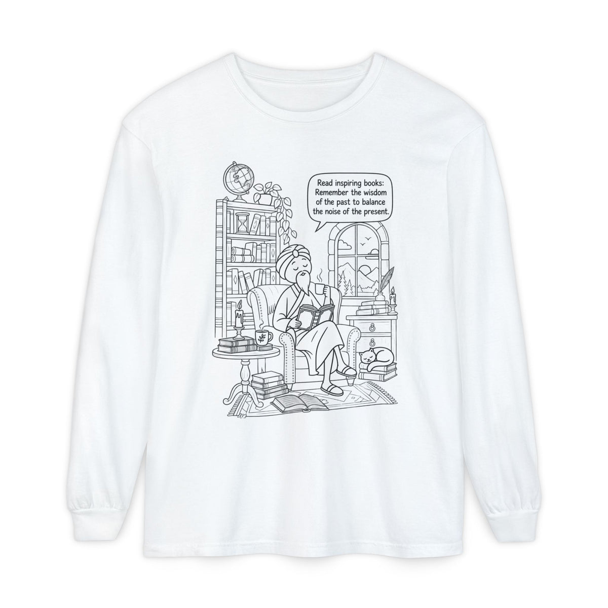 “Read inspiring books…” - Long Sleeve T‑Shirt — Cozy Reading Nook Design