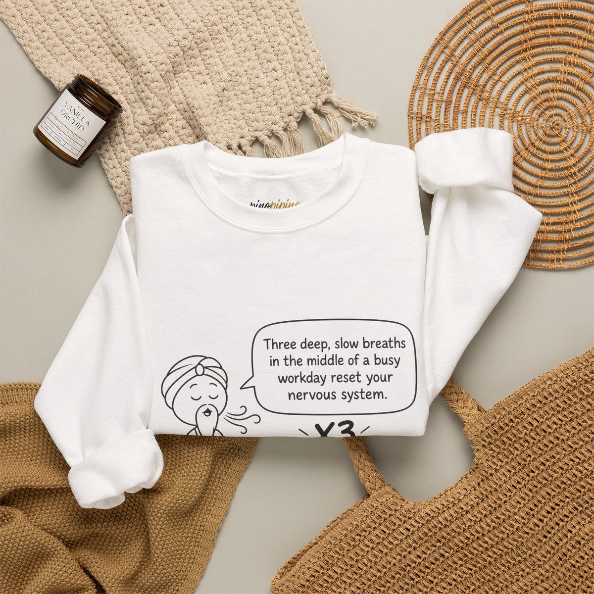 Cute Meditation Cartoon with Breathing Reminder "Three deep, slow breaths...) -Crewneck Sweatshirt