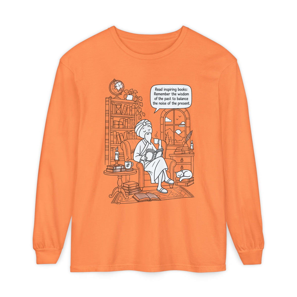 “Read inspiring books…” - Long Sleeve T‑Shirt — Cozy Reading Nook Design