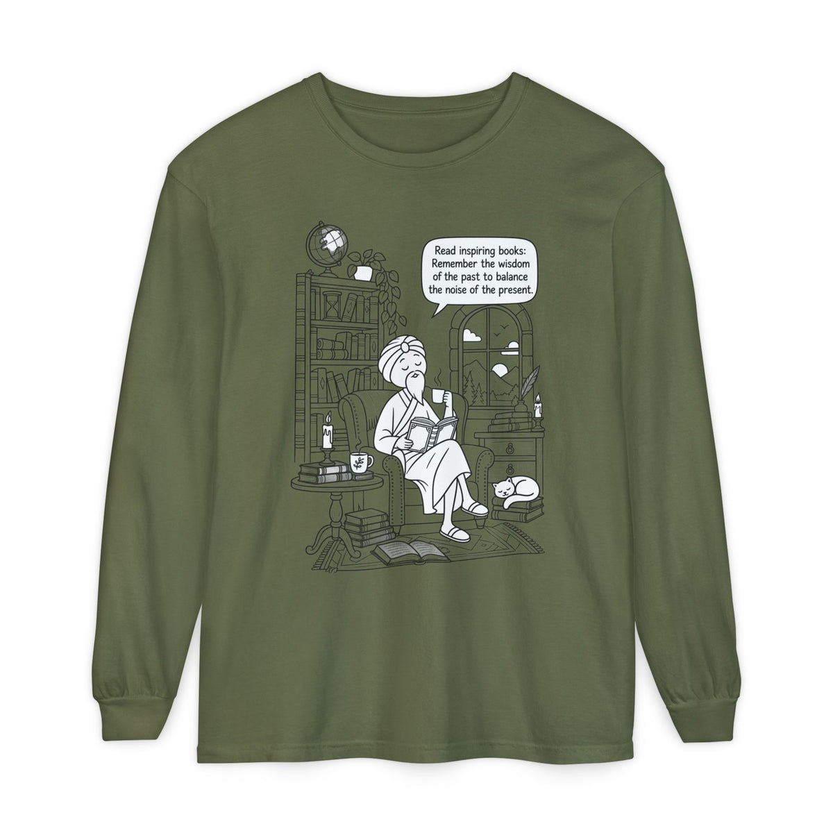 “Read inspiring books…” - Long Sleeve T‑Shirt — Cozy Reading Nook Design