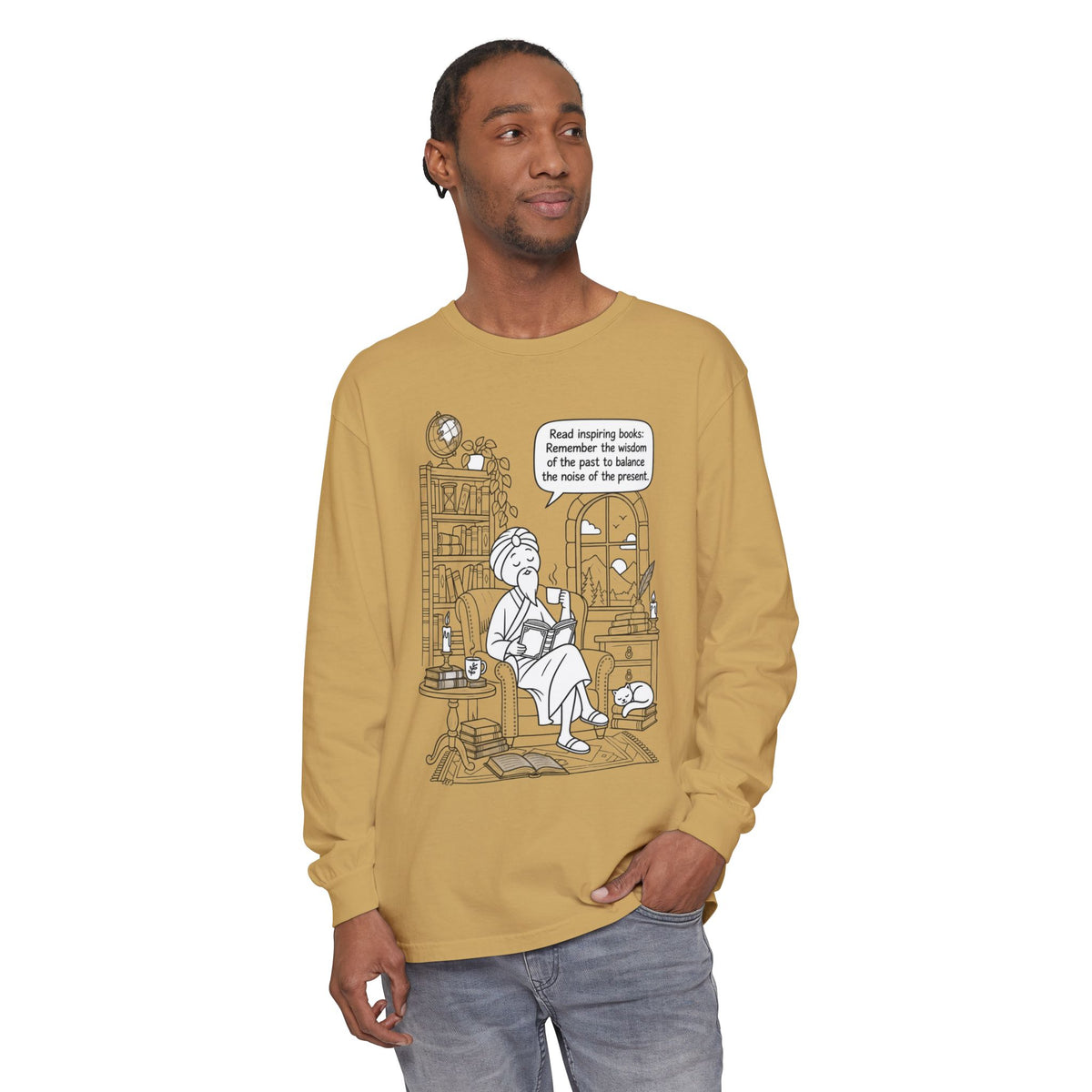 “Read inspiring books…” - Long Sleeve T‑Shirt — Cozy Reading Nook Design