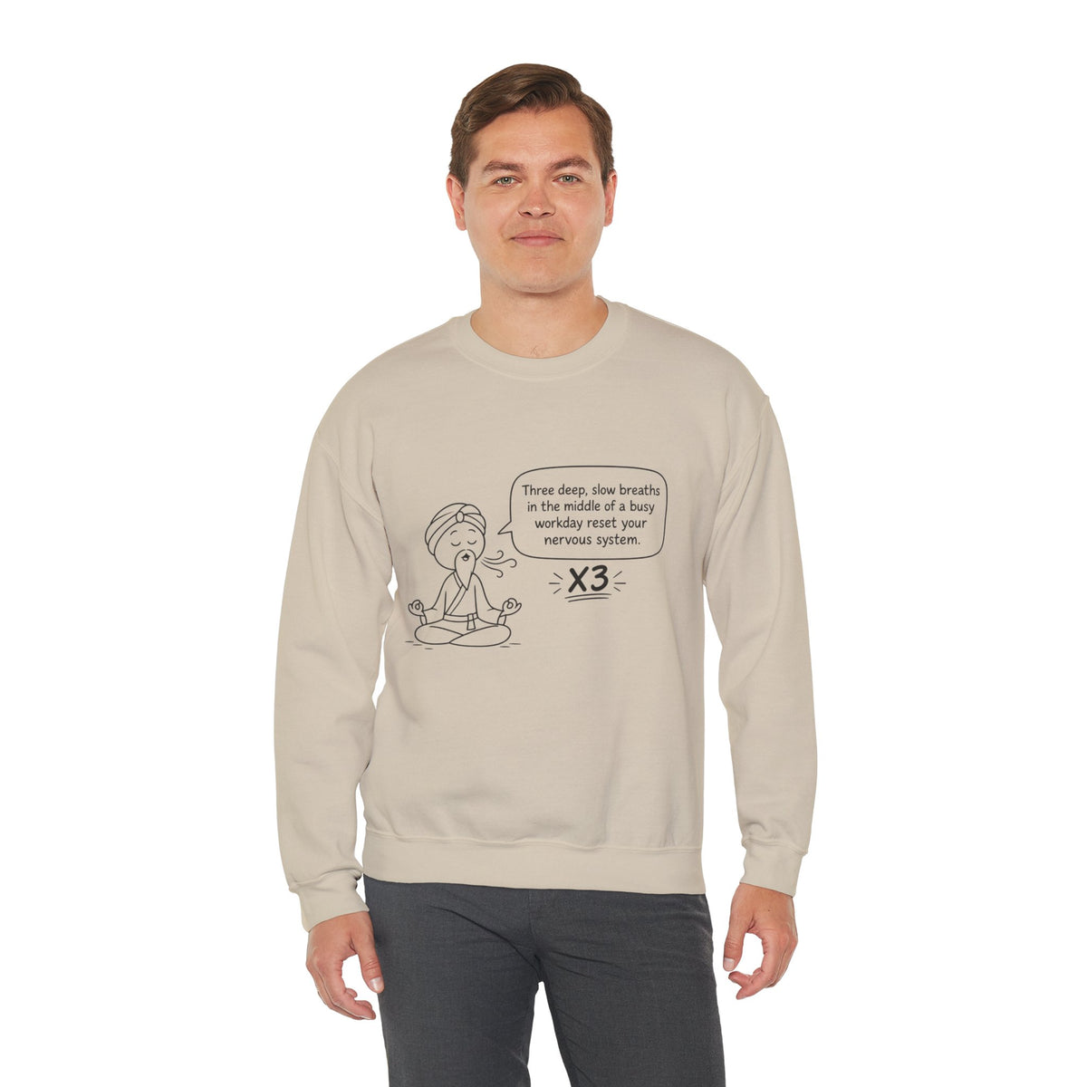 Cute Meditation Cartoon with Breathing Reminder "Three deep, slow breaths...) -Crewneck Sweatshirt