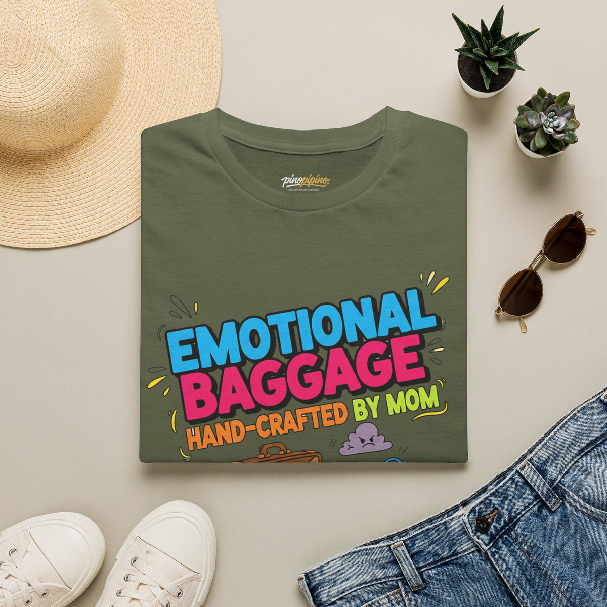 "Emotional Baggage T-Shirt — Hand-Crafted by Mom" Cute Cartoon Luggage Tee