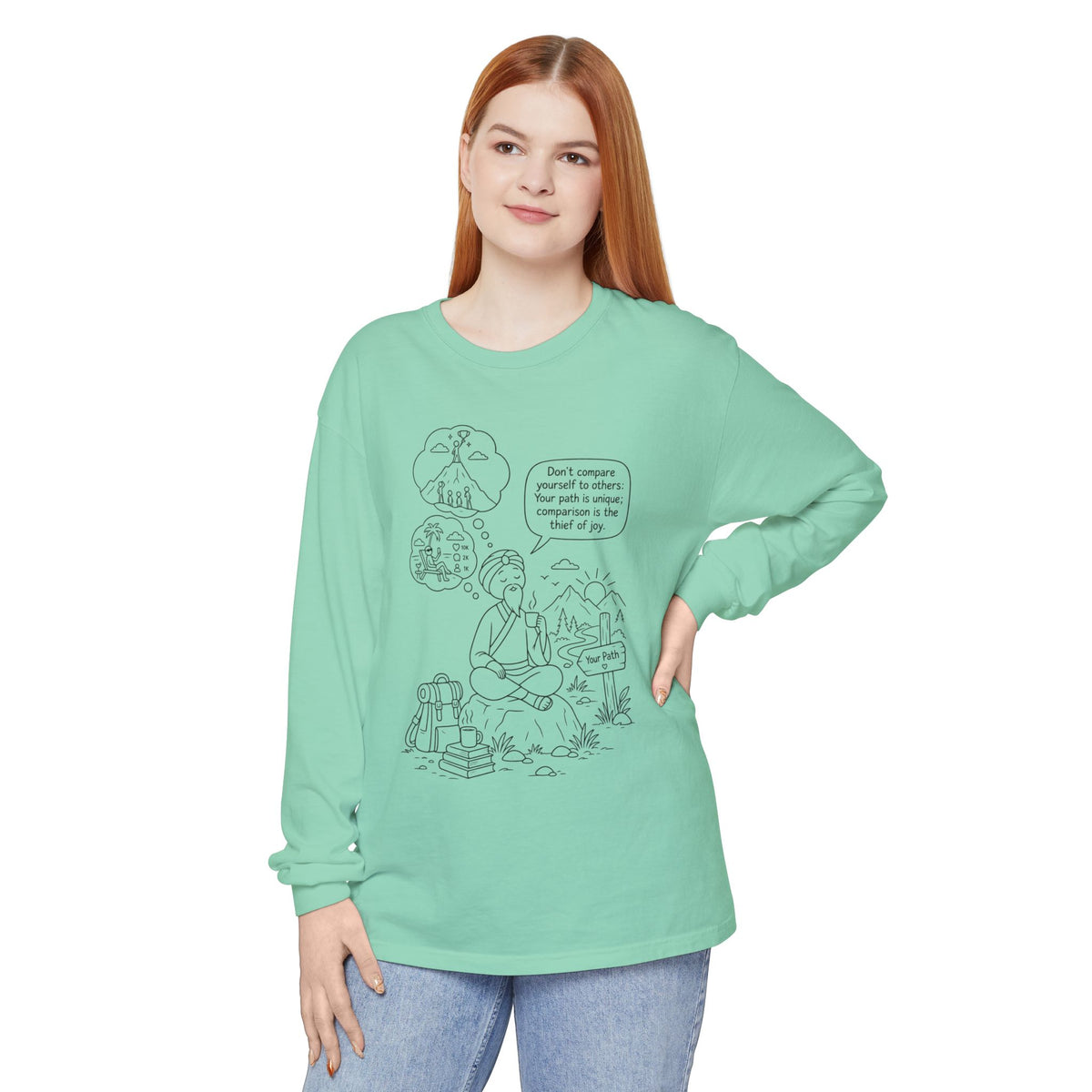 Hiker Comic Long Sleeve Tee — "Don’t Compare Yourself" Inspirational Outdoor Shirt