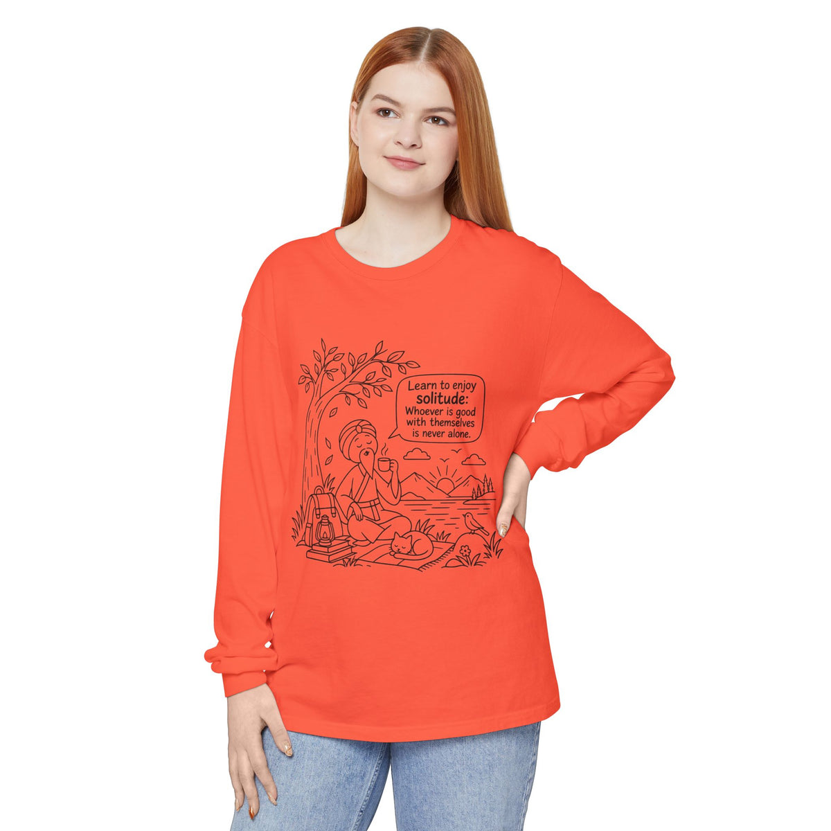 Long Sleeve T-Shirt — "Learn to Enjoy Solitude" Outdoor Meditation Graphic